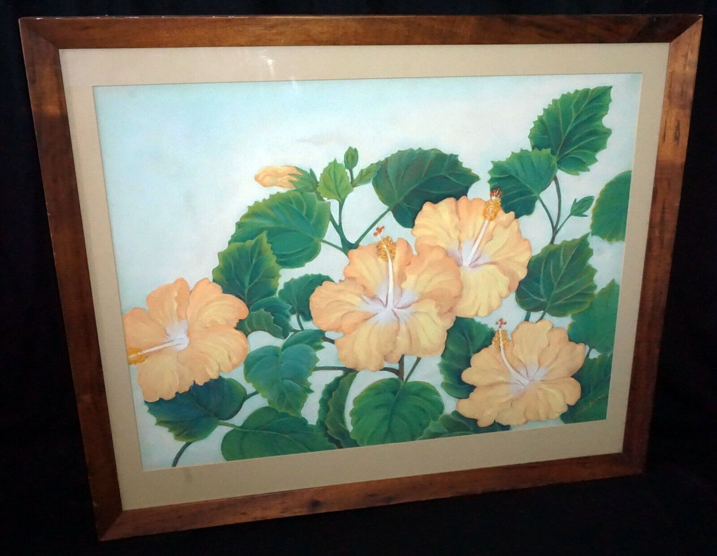 1950s Hawaii Koa Watercolor & Pastel Painting Hibiscus by Maude Horton (New)