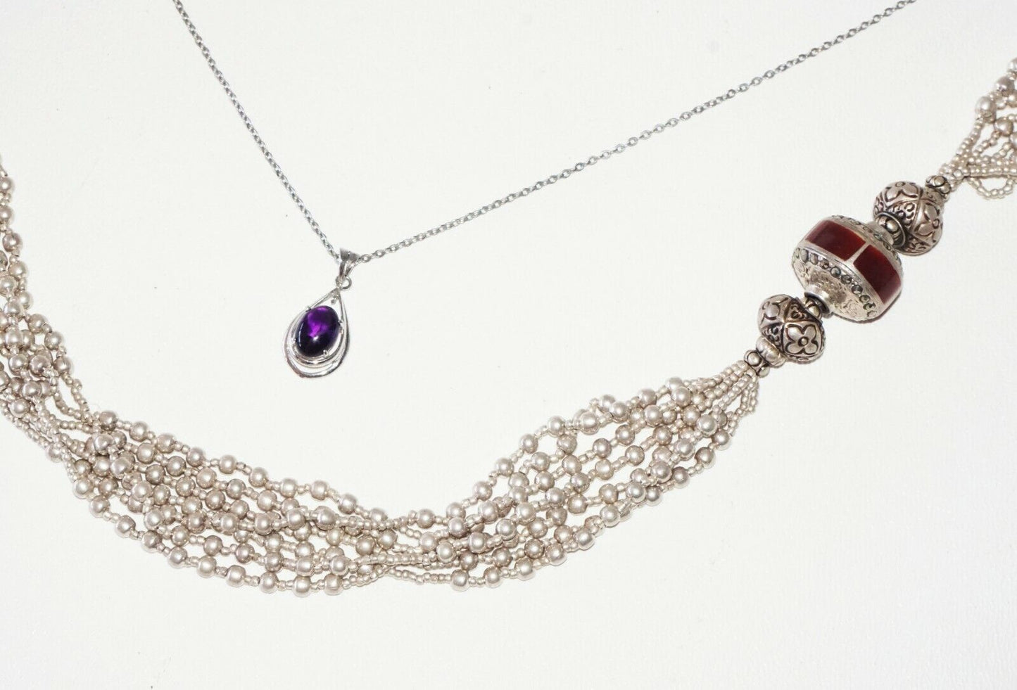 Vintage Sterling Silver Tribal Bead Necklace + Amethyst Pendant (SaR)#194