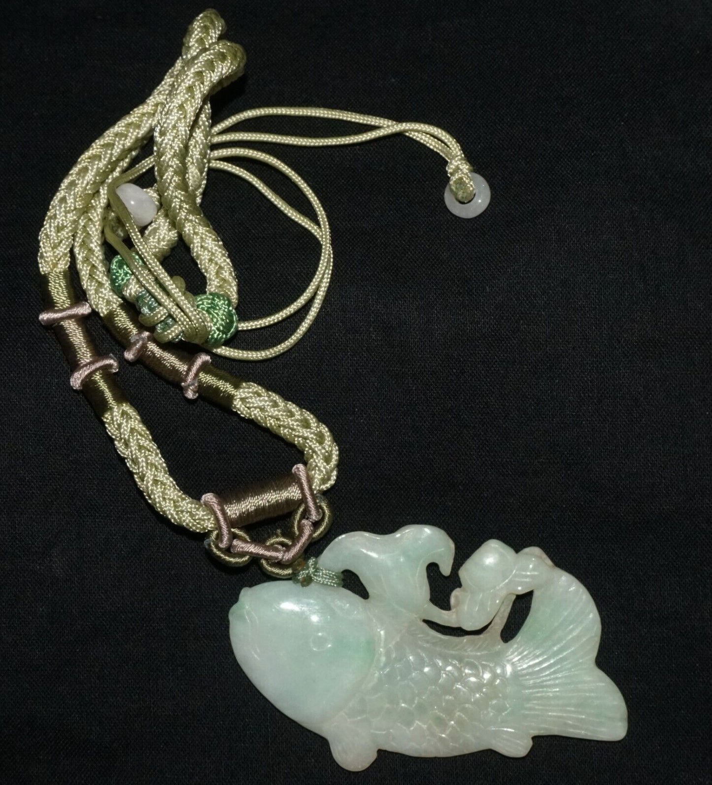 Vintage Chinese Jadeite Jade & Carp & Lotus Motif Carved Pendant (LeS)L23