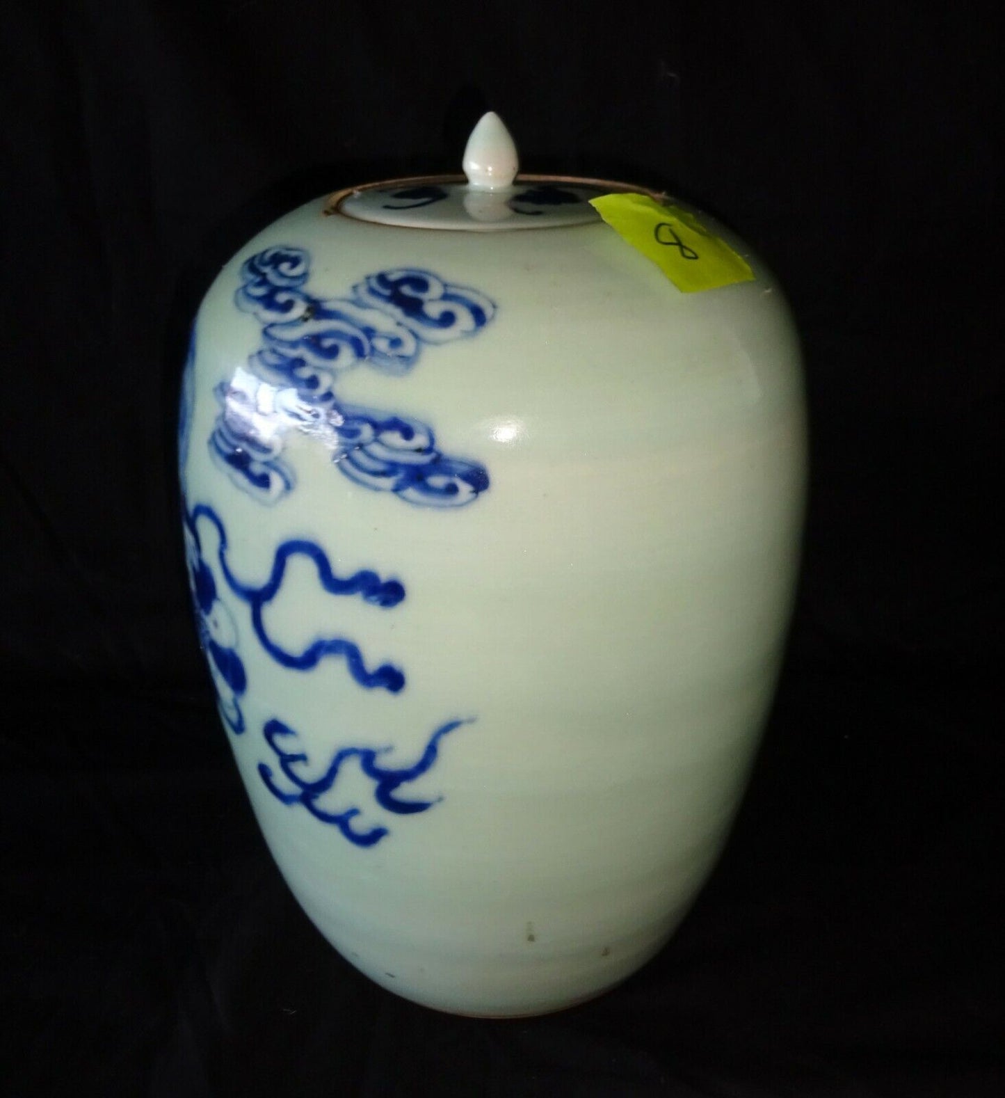 19C Chinese Large Porcelain Covered Jar B&W Lion Dog & Cloud Motif (HeN)#8 IC