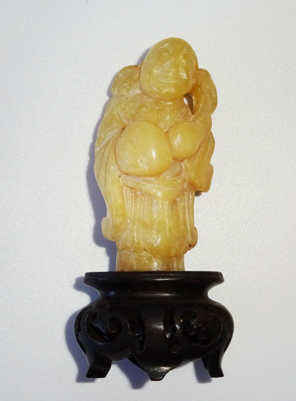 19/20C Chinese Yellow Jade Carving Deity & Gourd on Fitted Stand (FeO)#39