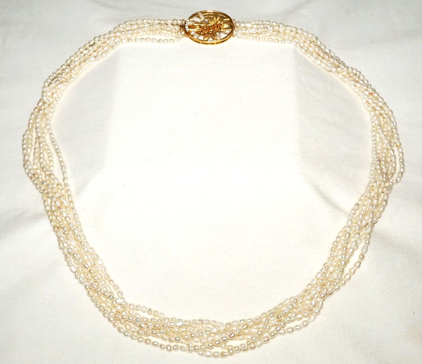 Vtg. 7x Strand Mini Baroque Pearl Necklace w. Gold Plated Floral Clasp (GoB) #20