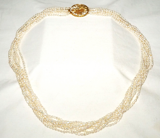 Vtg. 7x Strand Mini Baroque Pearl Necklace w. Gold Plated Floral Clasp (GoB) #20