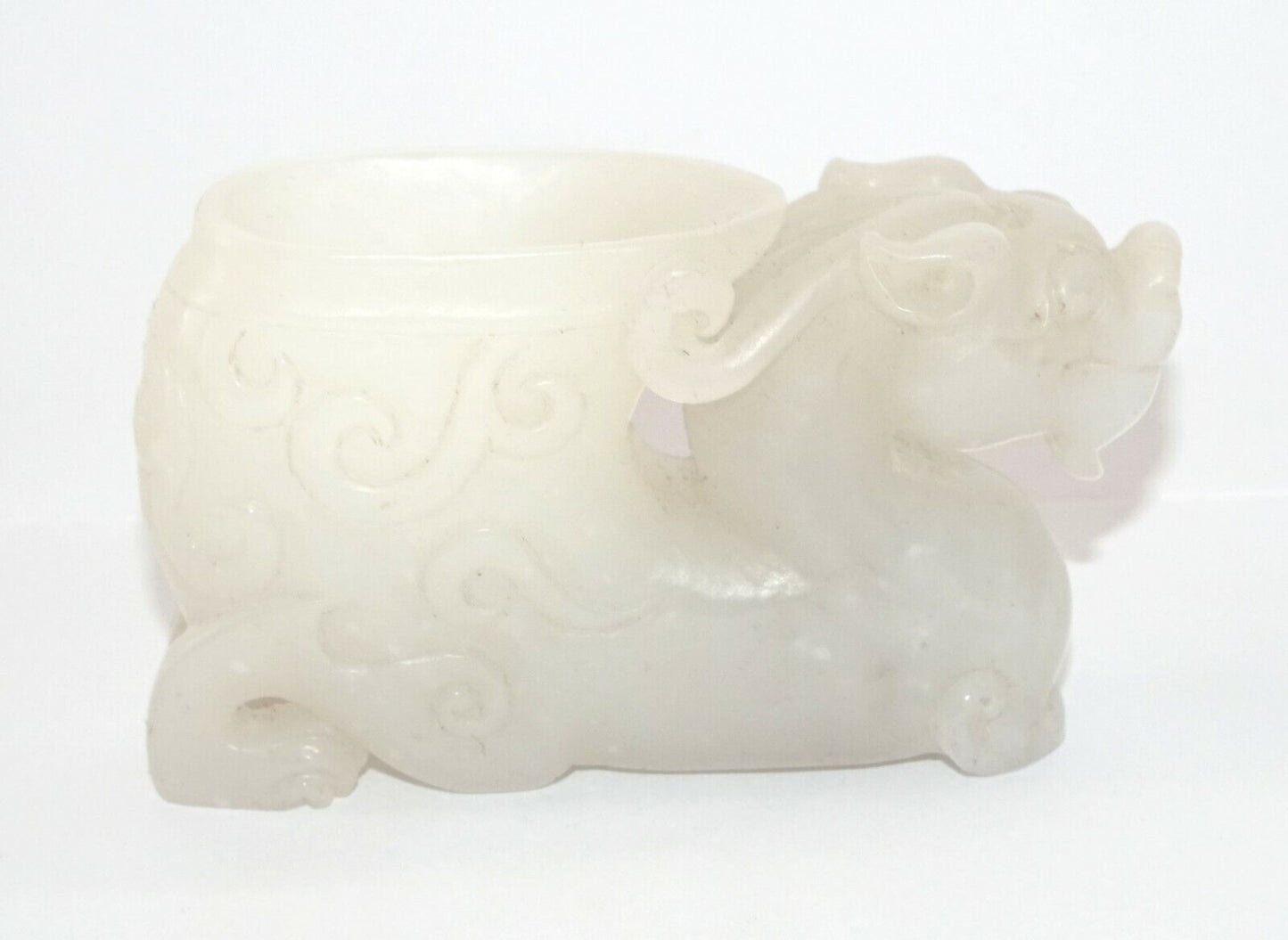 Vintage Chinese White Jade Mini Cup w. Nicely Carved Dragon Motif (AHB)