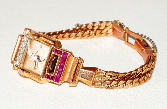 70s Swiss 14k Rose Gold Diamonds Ruby Ladies Wristwatch Paul Ditisheim (TaE)#72