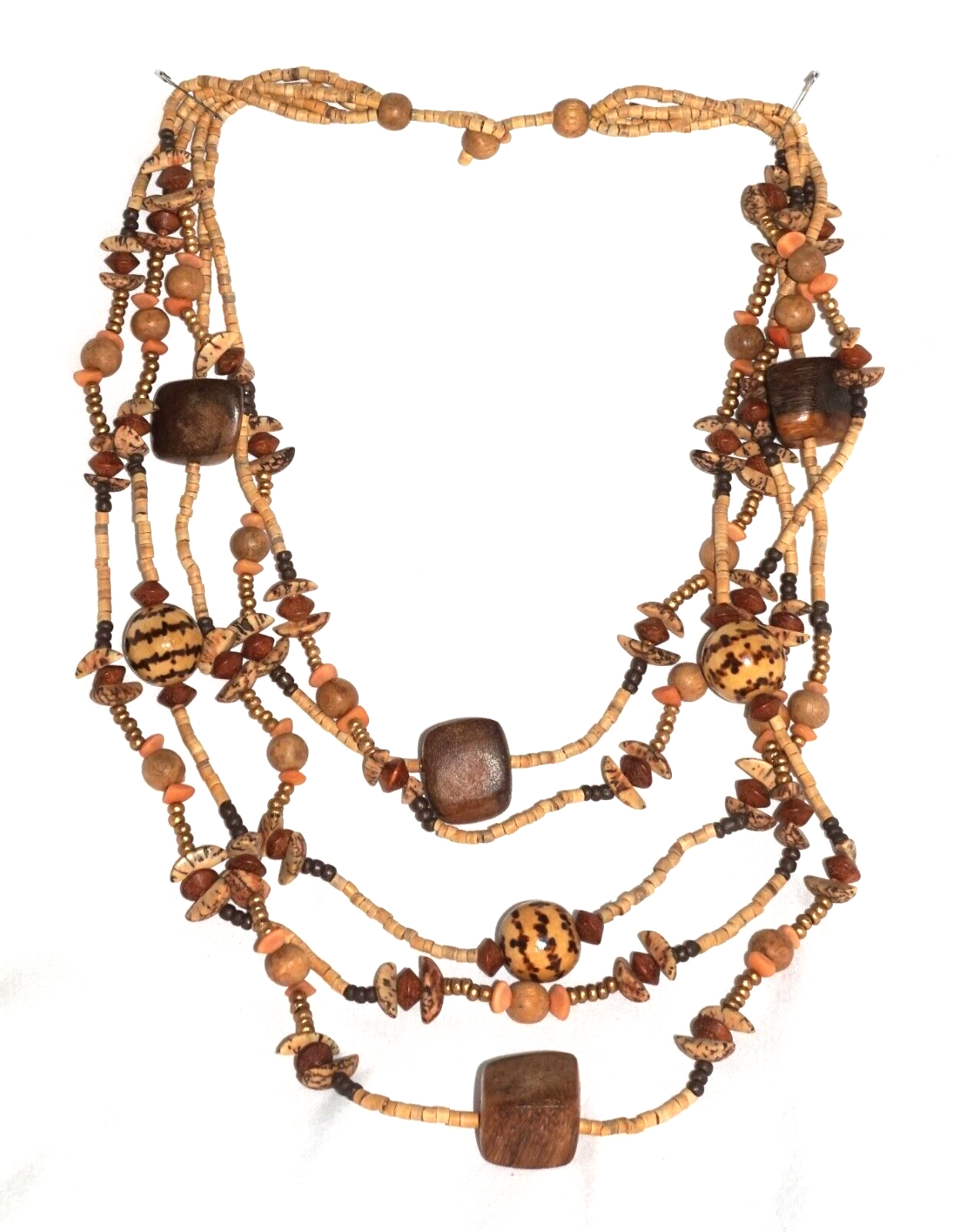 Multi Strand Coconut Shell & Wood Bead Ethnic Necklace & Earring Set (MaM)9