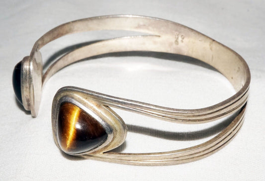 Vintage Swedish Modernist Sterling Silver Cuff Bracelet w. 2x Tigereye (ShI)