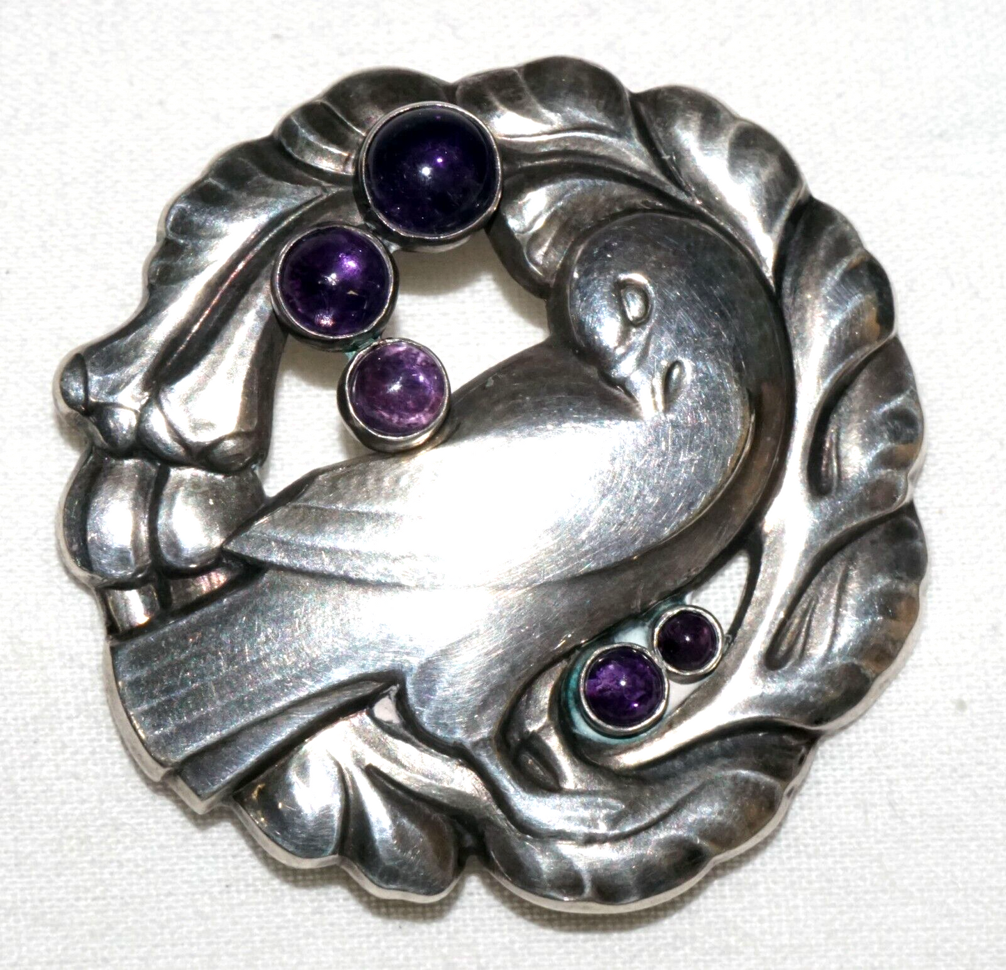 Vtg Denmark Sterling Silver & Amethysts Dove Brooch #123 Georg Jensen (KoS) L10