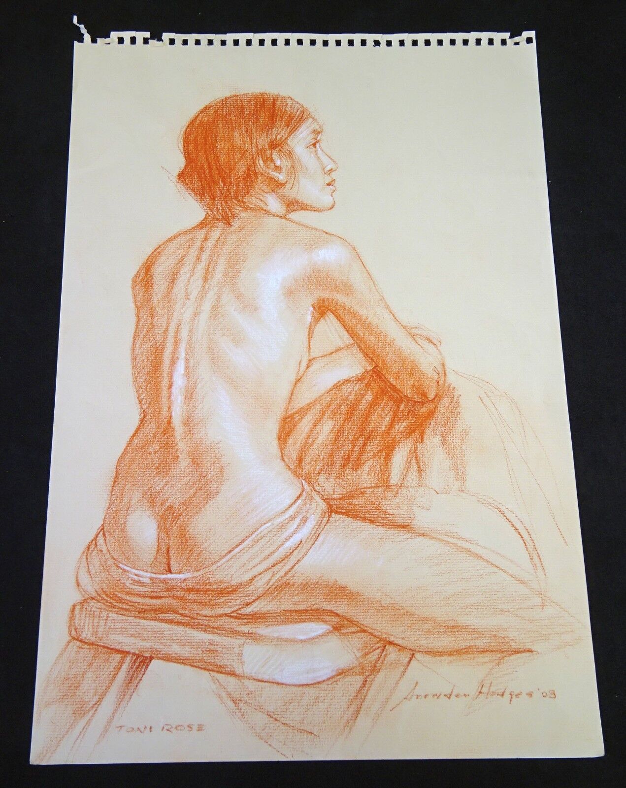 Hawaii Conte Drawing Painting Seated Nude "Toni Rose" by Snowden Hodges (Sho)