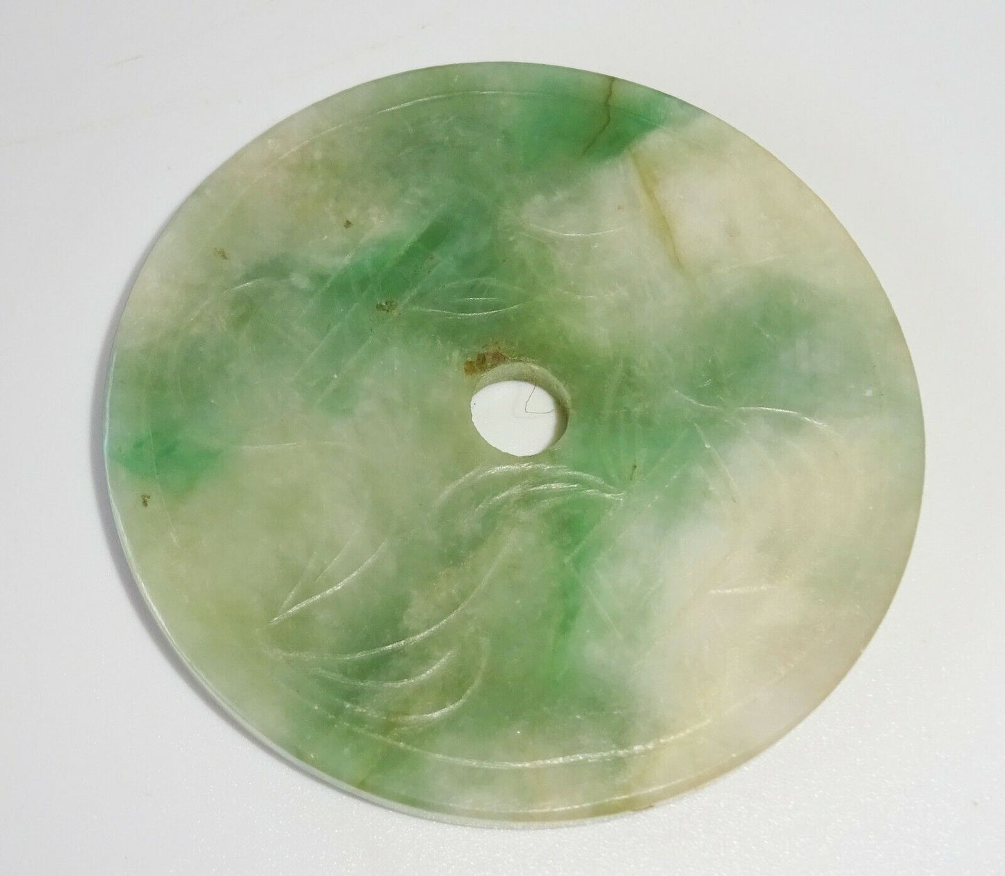 20C Chinese Jadeite Jade Incised Petal Motif Disk Carving (FeO) #37a