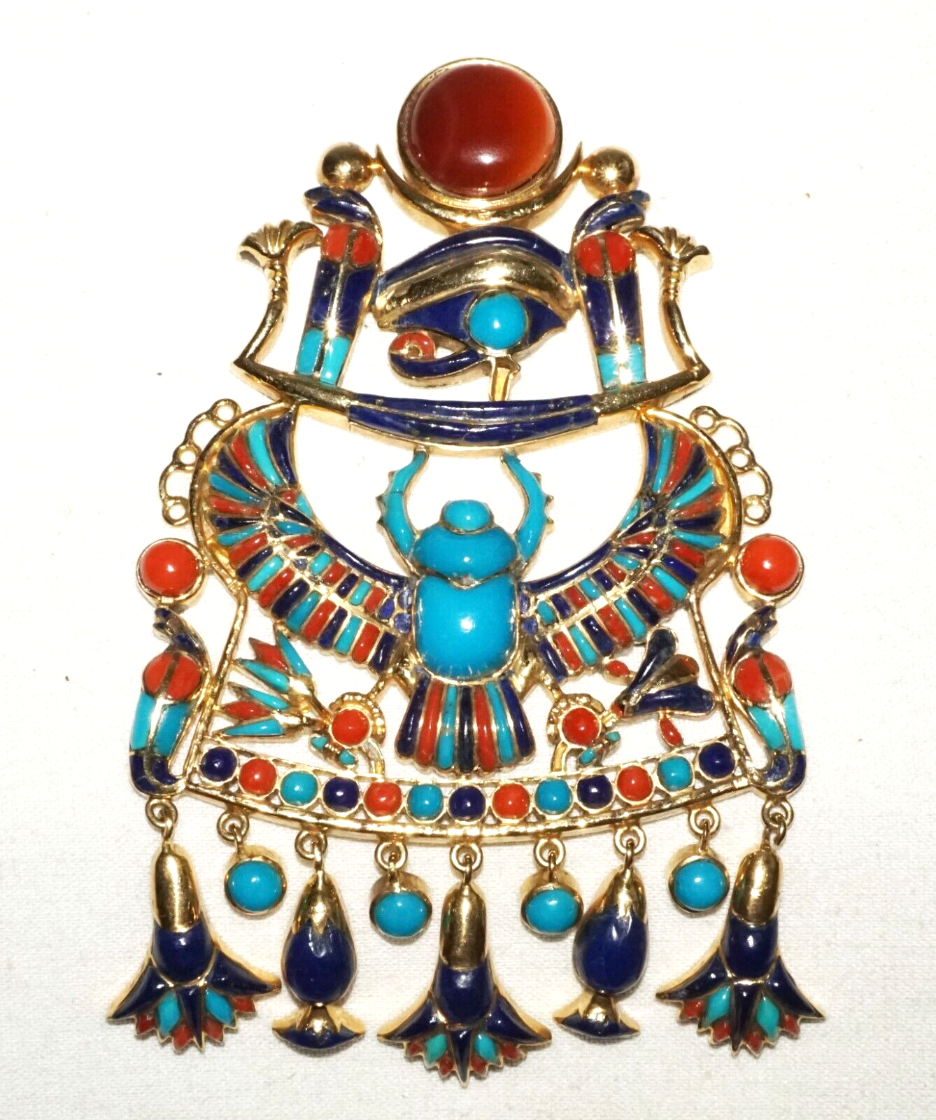 Vtg Egyptian 18k Yellow Gold & Enamel Lapis Eye Horus Ra Scarab Pendant (DaJ)