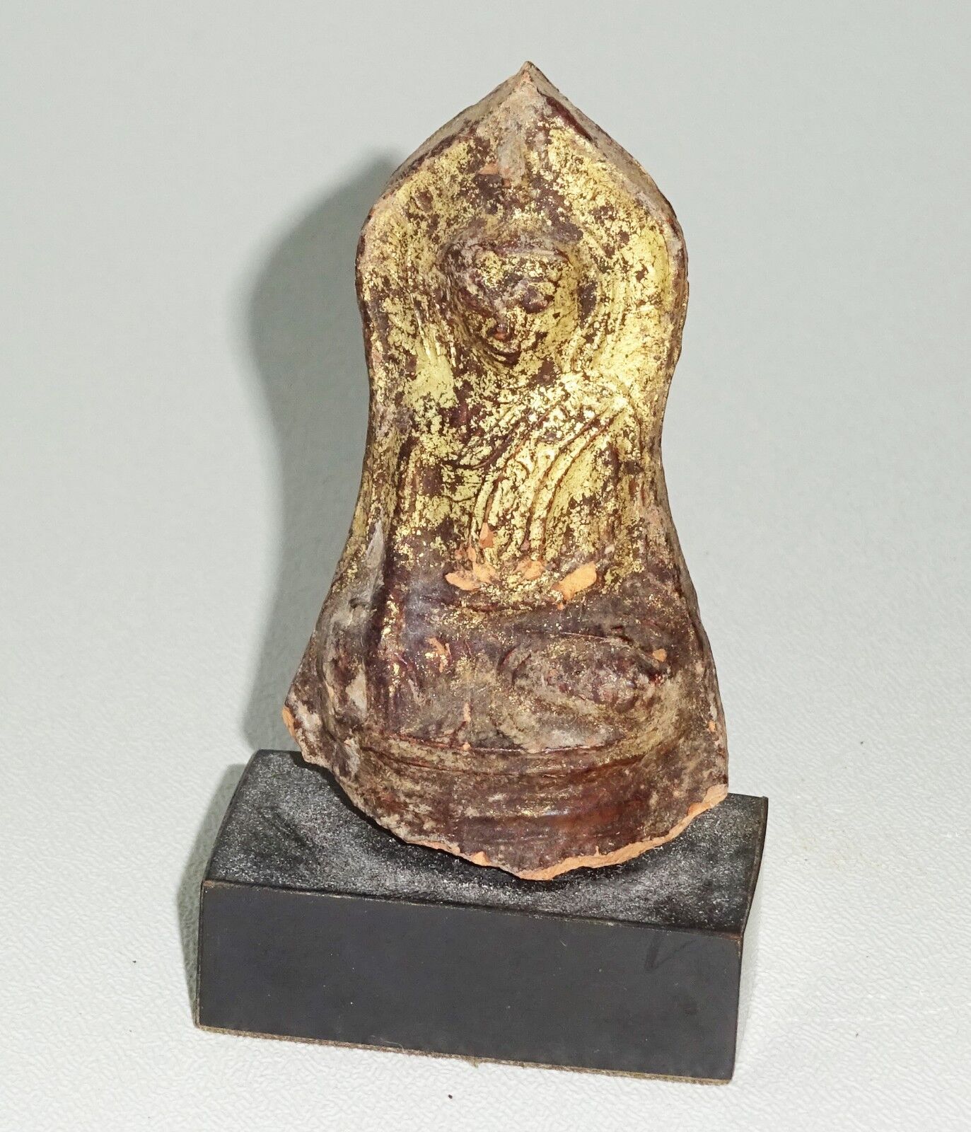 14C/15C Burmese Shan Gilt Pottery Buddha in Earth Touch Pose on a Stand (Mil)