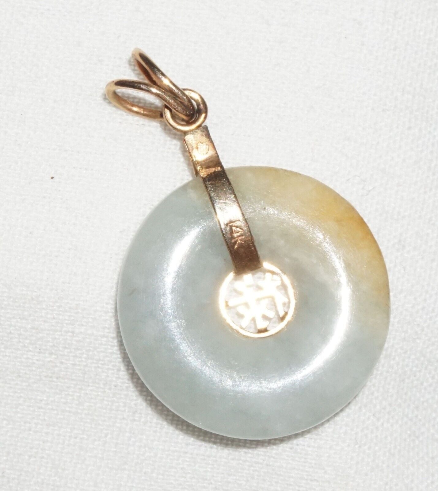 Vintage Chinese 14k Yellow Gold Jadeite Jade Disk Pendant w. Auspicious(BrM) L17