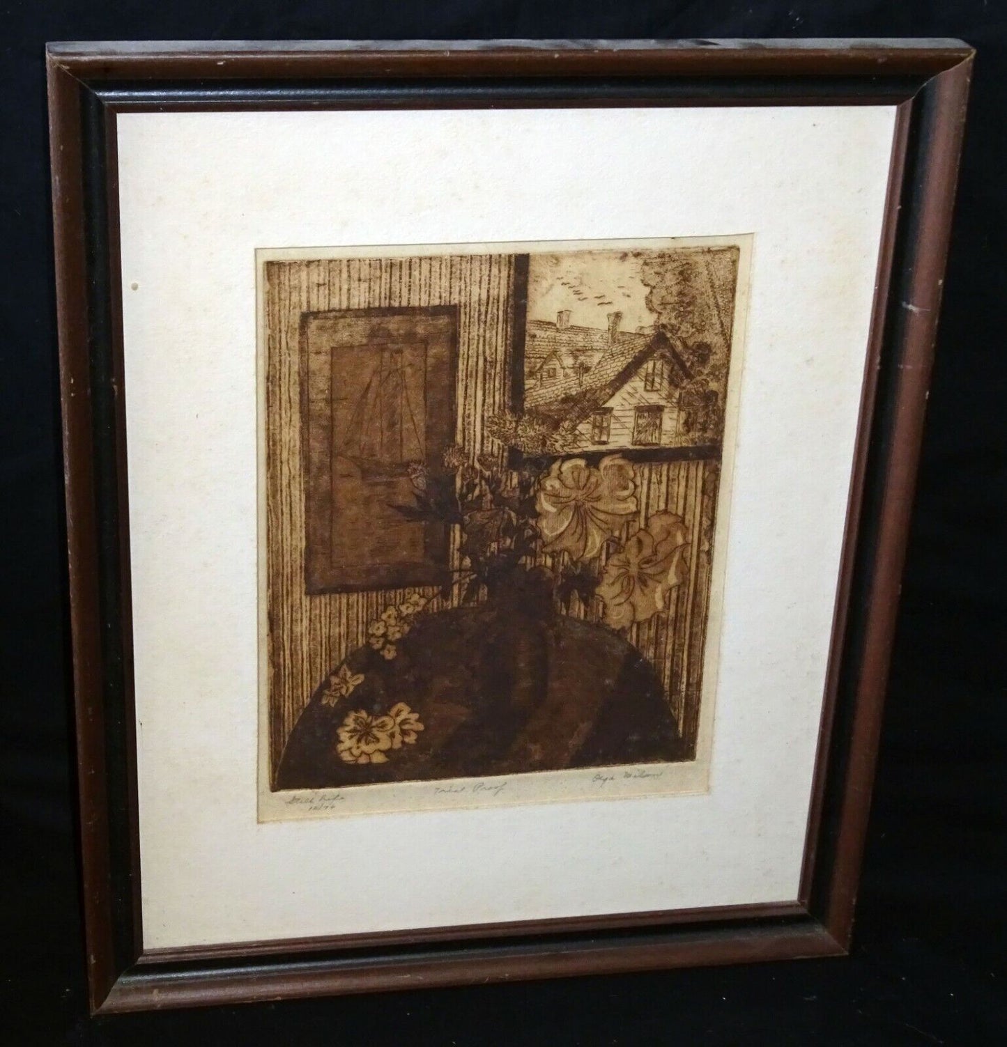 1970s US Etching Print "Still Life w. Flowers" by Olga Wilson (1919-2010)(CuM)