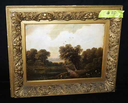Antique European Framed Oil Painting Country Road & Bridge by F. Davies (***)
