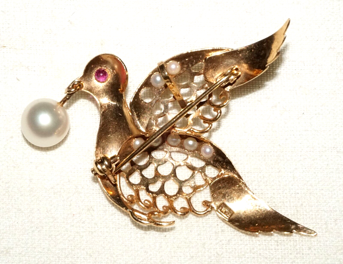 Vintage 14k Yellow Gold Dove Motif Brooch Pendant w. Ruby & Pearl Accents (KiL)