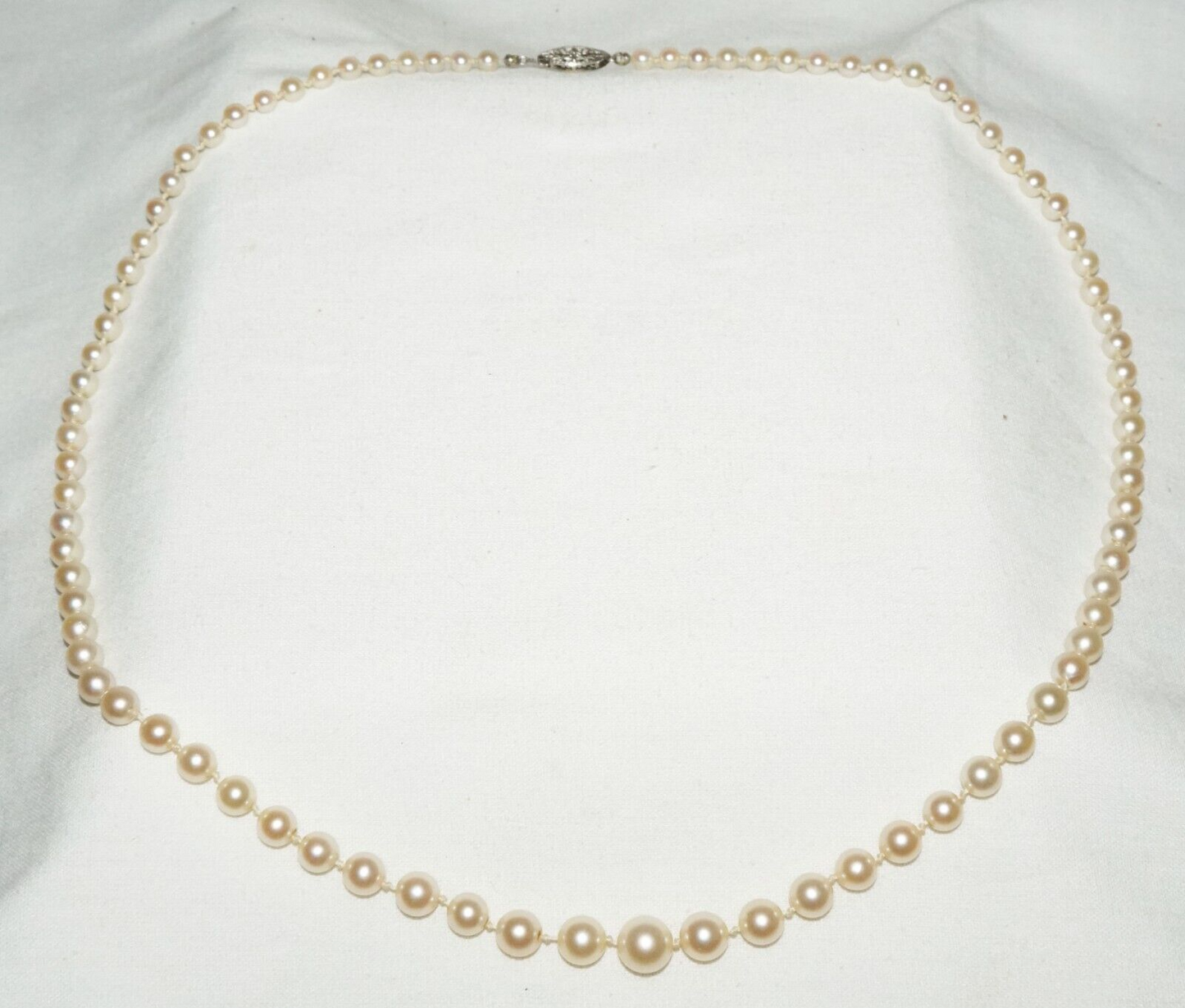 Vintage Graduated Pearl Necklace 23" w. 14k White Gold Filigree Clasp (KoS) L15