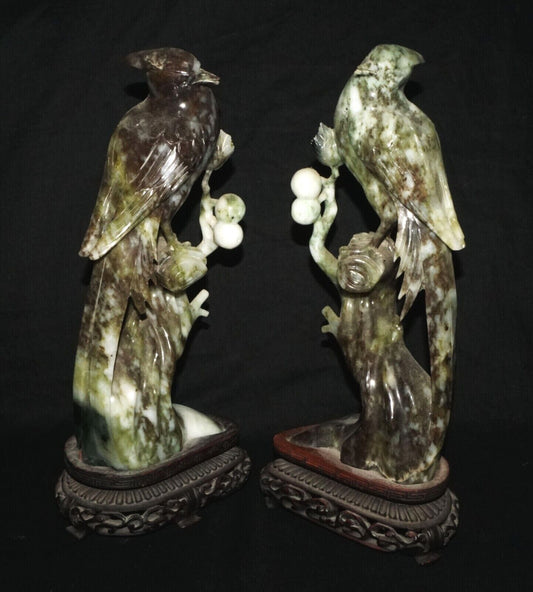 Pair Vintage Chinese Mottled Black Jadeite Jade Carvings Exotic Birds (LeD)