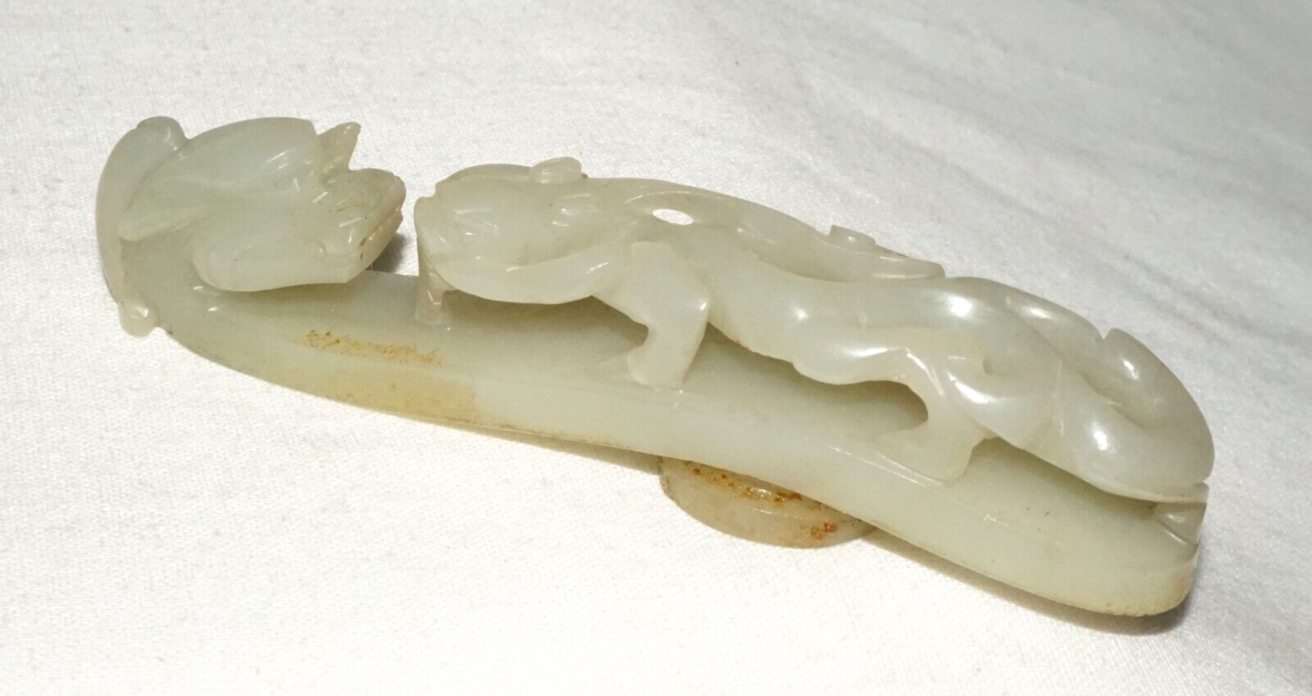 Antique Chinese Grey Green Nephrite Jade Dragon Belt Hook (UVi)#3