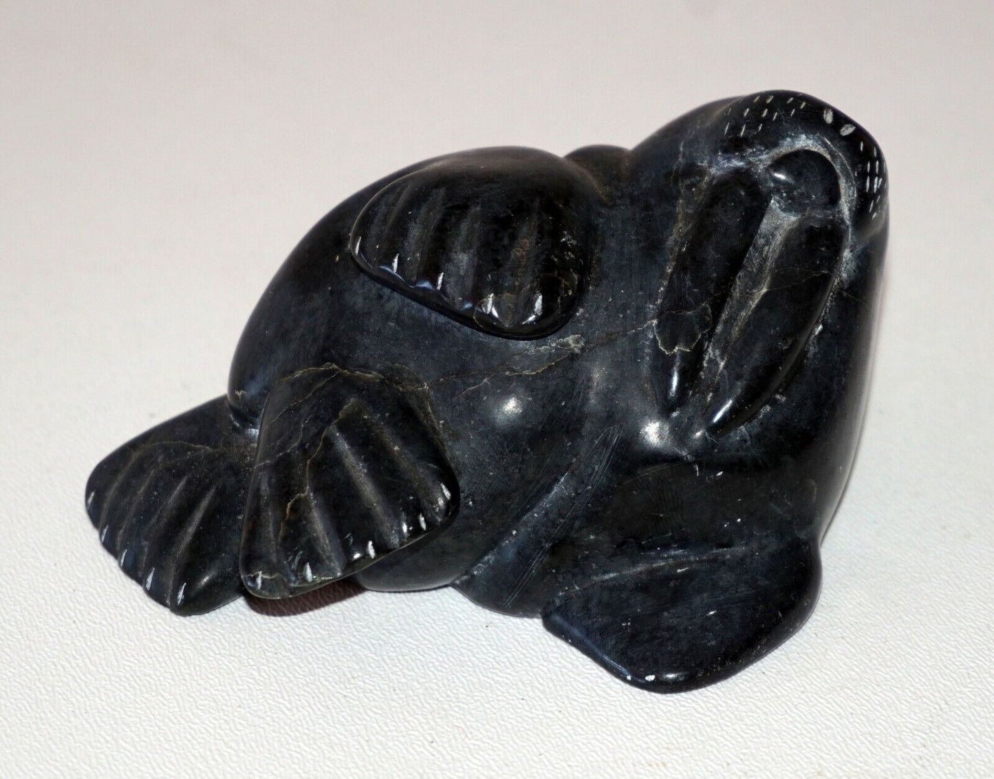 1970s Canada Eskimo Stone Carved Walrus Sculpture signed w. Igloo Tag (Kor)