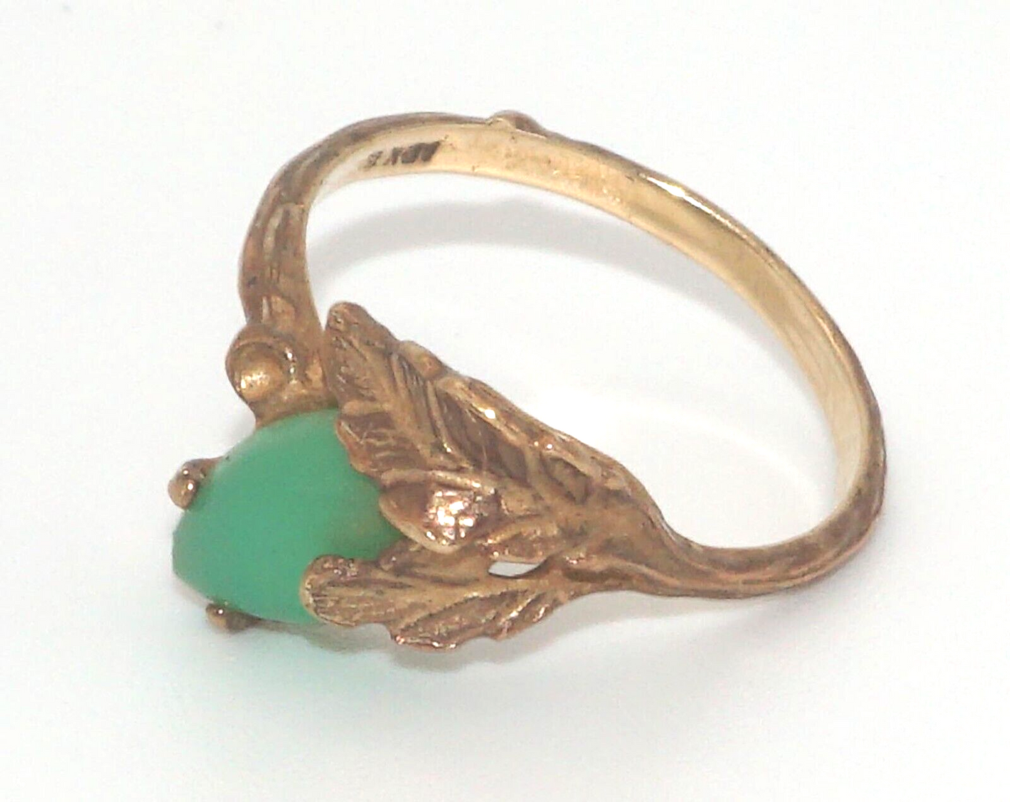 Vintage 10k Yellow Leaf Motif Ring Sz. 6 1/2 w Nephrite Jade Cabochon (NeW)