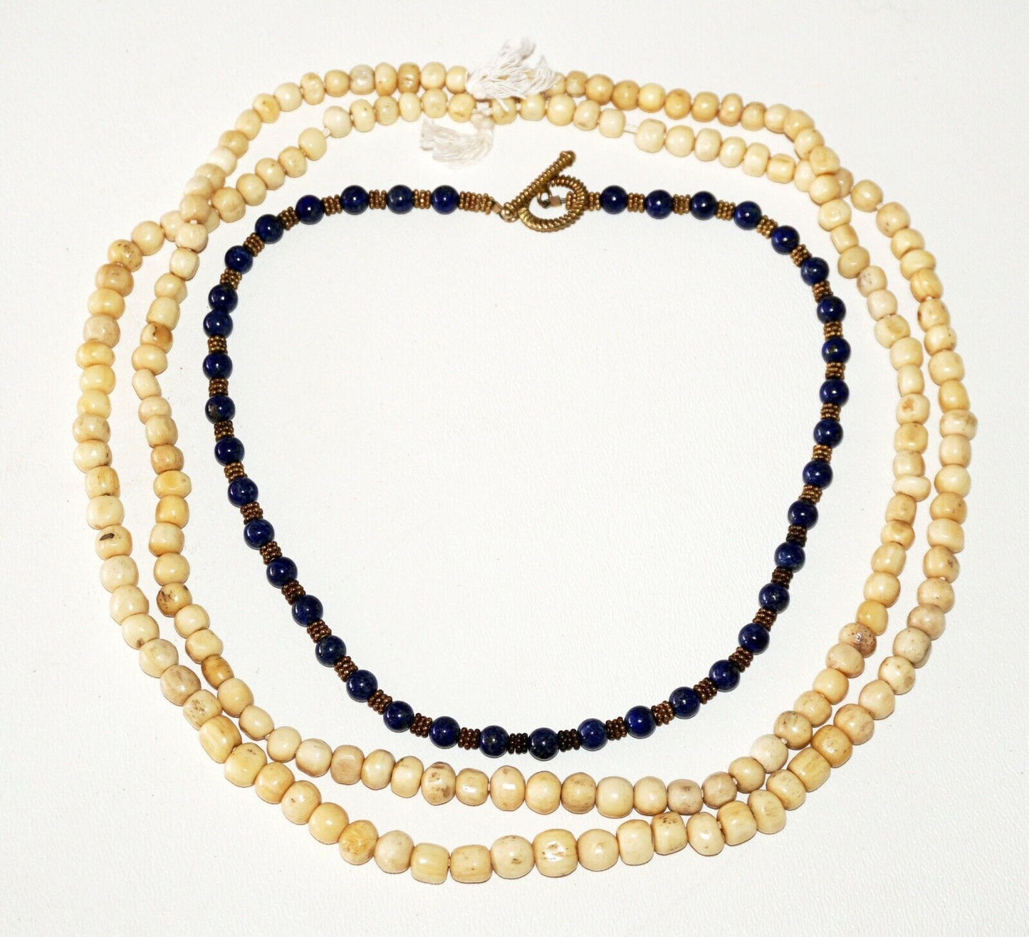 2+1x Antique Bone Bead & Brass & Lapis Lazuli Bead Necklaces (Bsg)#38