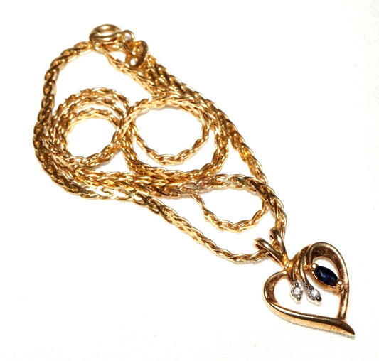 Vintage 14k Gold Necklace w. 14k Heart Pendant w. Diamonds & Sapphires (FeD *#14