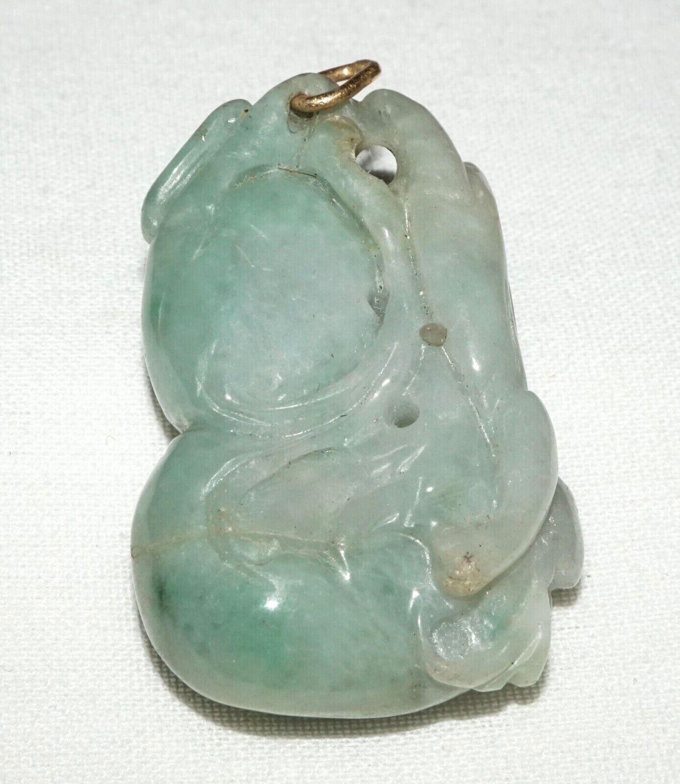 Vintage Chinese Double Gourd & Feline Motif Jadeite Jade Carved Pendant (AHB)