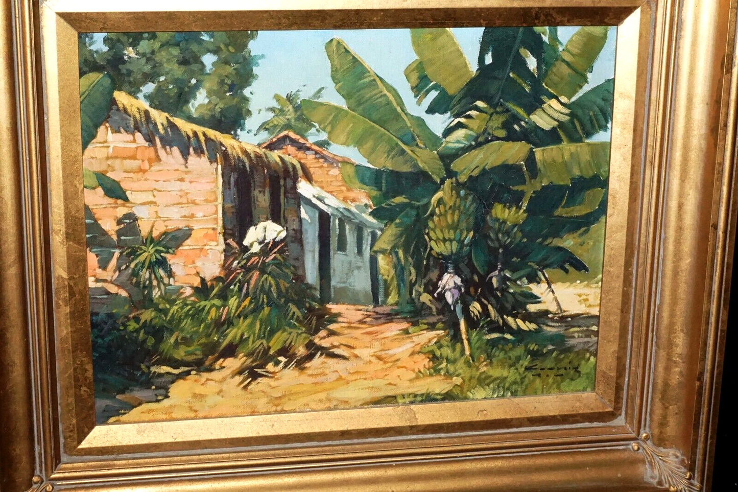 40s Brazil Island Oil Painting Grass Shacks & Bananas by Alfredo Koenig (New)