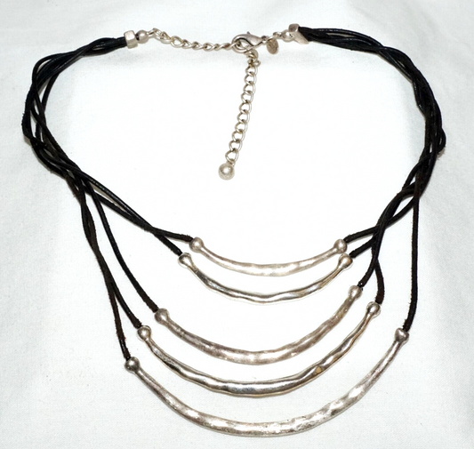 Vintage 5x Strand Leather Strap Necklace Silver Pendants & Clasp Chicos (KoS) L9