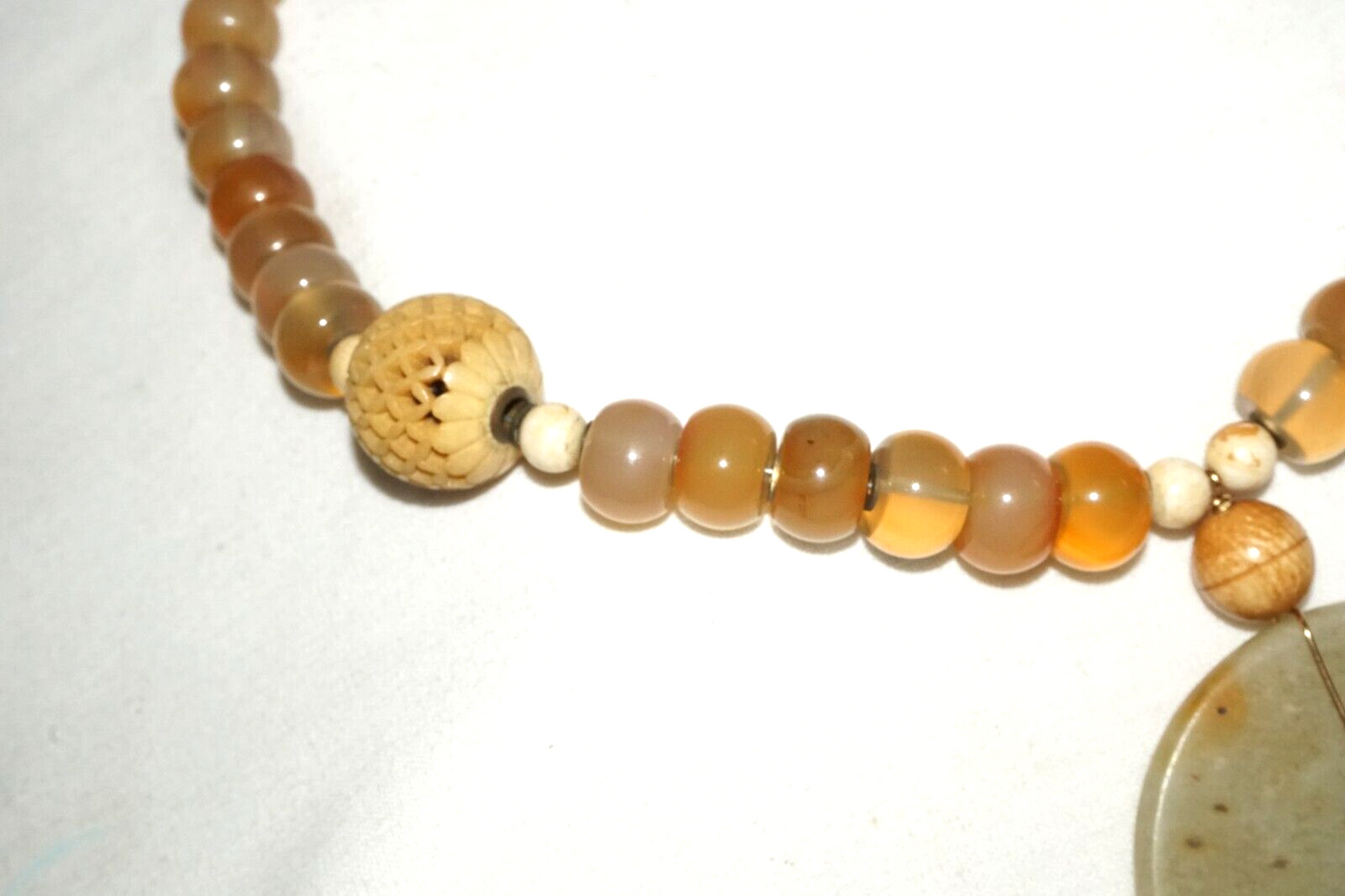 Chinese Yellow Semi Translucent Hard-stone Bead Necklace w. Jade Pendant (PaS)