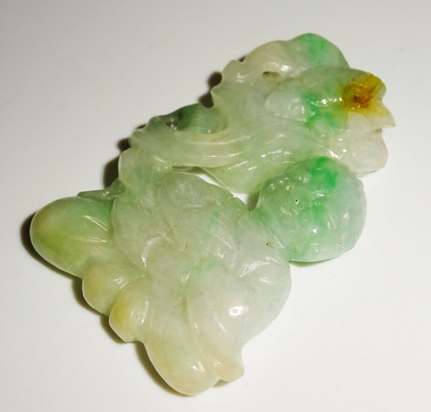 Vintage Chinese Mottled Green Jadeite Jade Carving Boy Lingzhi & Bat (LuD)