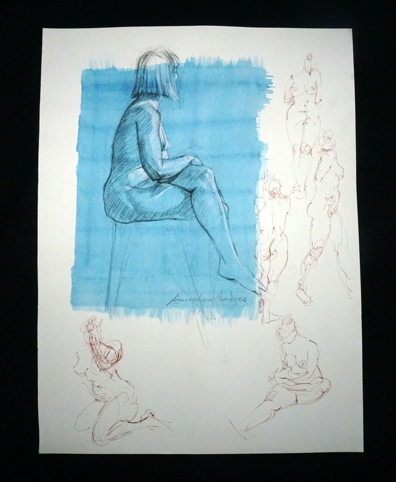 Hawaii Mixed Media Wash Painting Seated Female Nude Snowden Hodges (Sho)#142