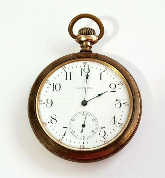 1902 US Gold Plated Open Face Mens Pocket Watch by Waltham Watch Co. (AHB)