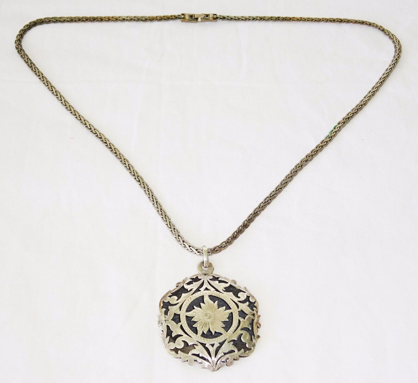 Vintage Mexican Plated Necklace w. Pierced Floral Motif Sterling Pendant (Dup)