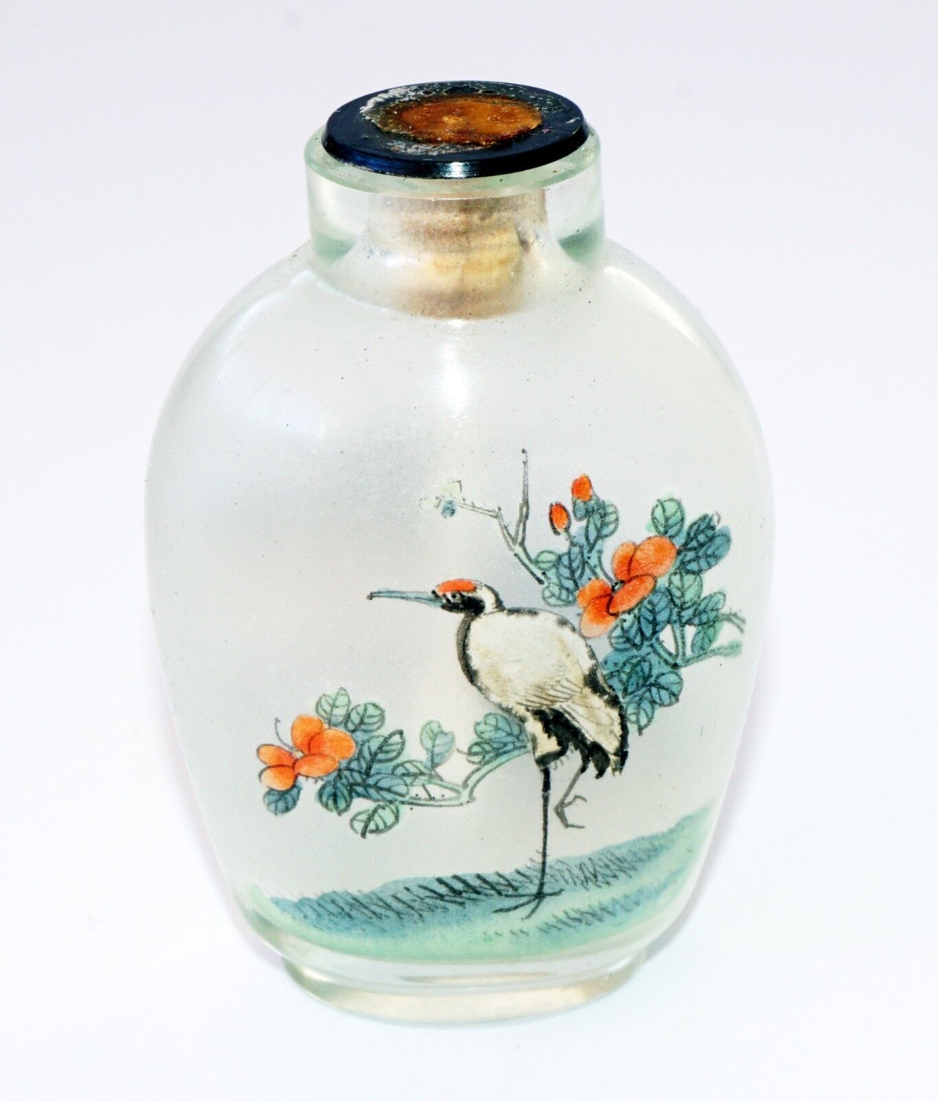 20C Chinese Inside Painted Crane & Landscape Glass Snuff Bottle w. No Stop (Pal)