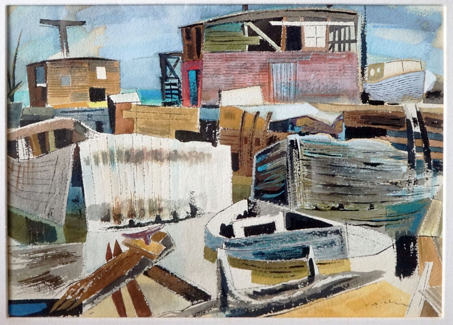 1948 Hawaii Watercolor Painting Boat Harbor I by Keiichi Kimura (1914-88) (PeN)