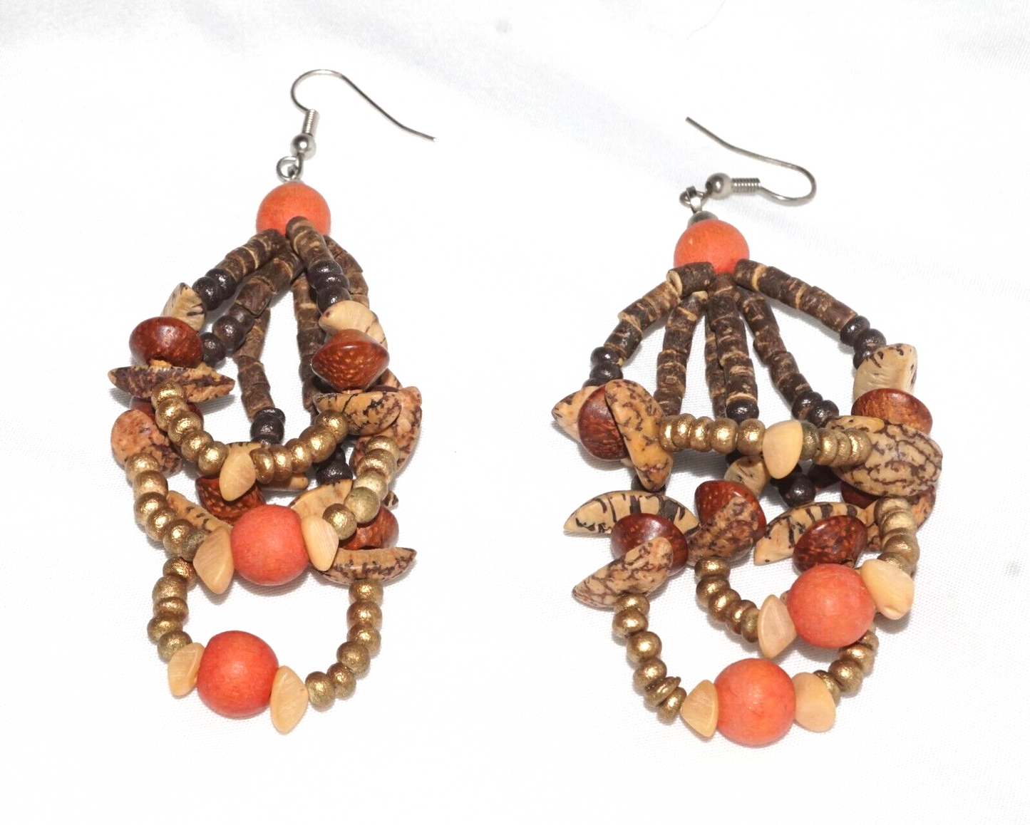 Multi Strand Coconut Shell & Orange Bead Ethnic Necklace & Earrings (MaM)6