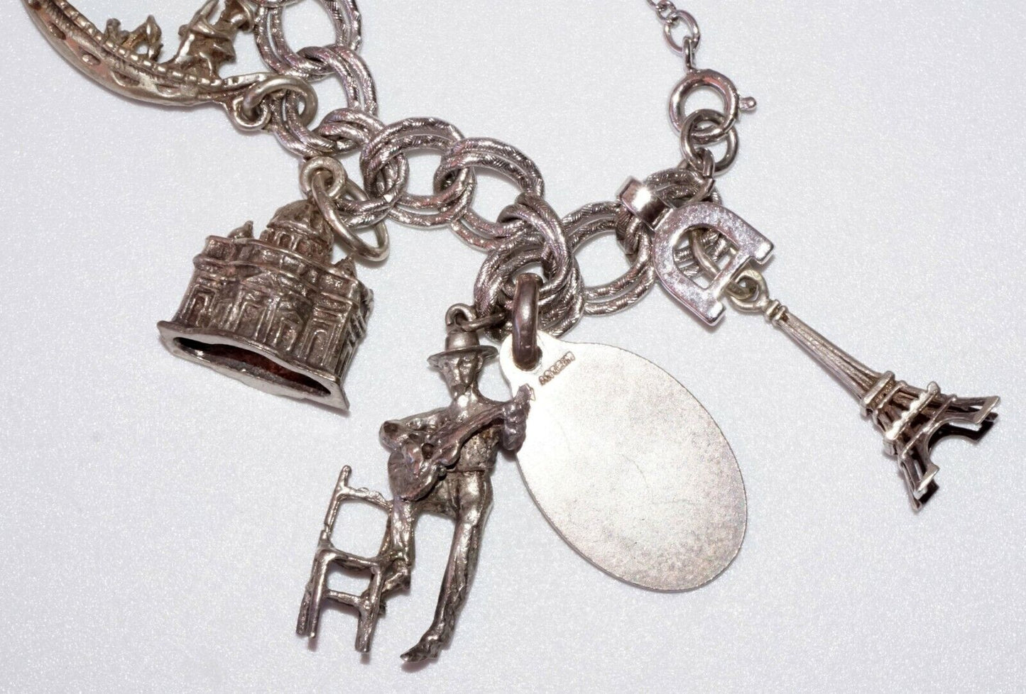 16Pc x Vintage Silver & Silver Plated Assembled Travel Charm Bracelet (Pas)