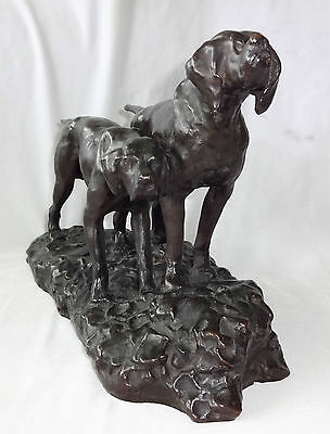 1930s JAPANESE BRONZE SCULPTURE "PAIR of HUNTING DOGS" sign HIDEAKI (Ree)