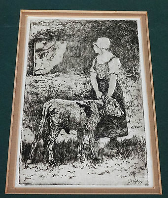 19CT ETCHING "MILKMAID & YOUNG CALF" by C. SNYDER (***)