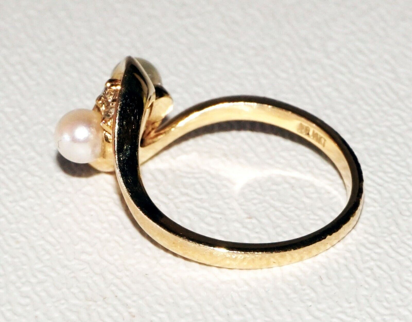 Modernist 14K Yellow Gold Ring Sz. 6.75 set w. 6x Diamonds & 2x Pearls (SaR) #19