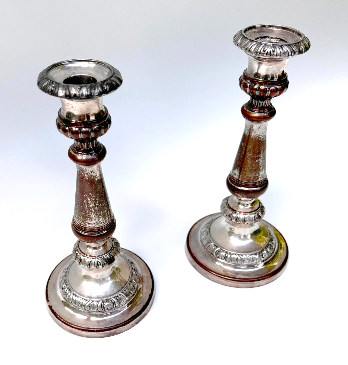 Vintage Georgian Pair Silver Plated Candle Sticks 9 3/8 " (WeP)