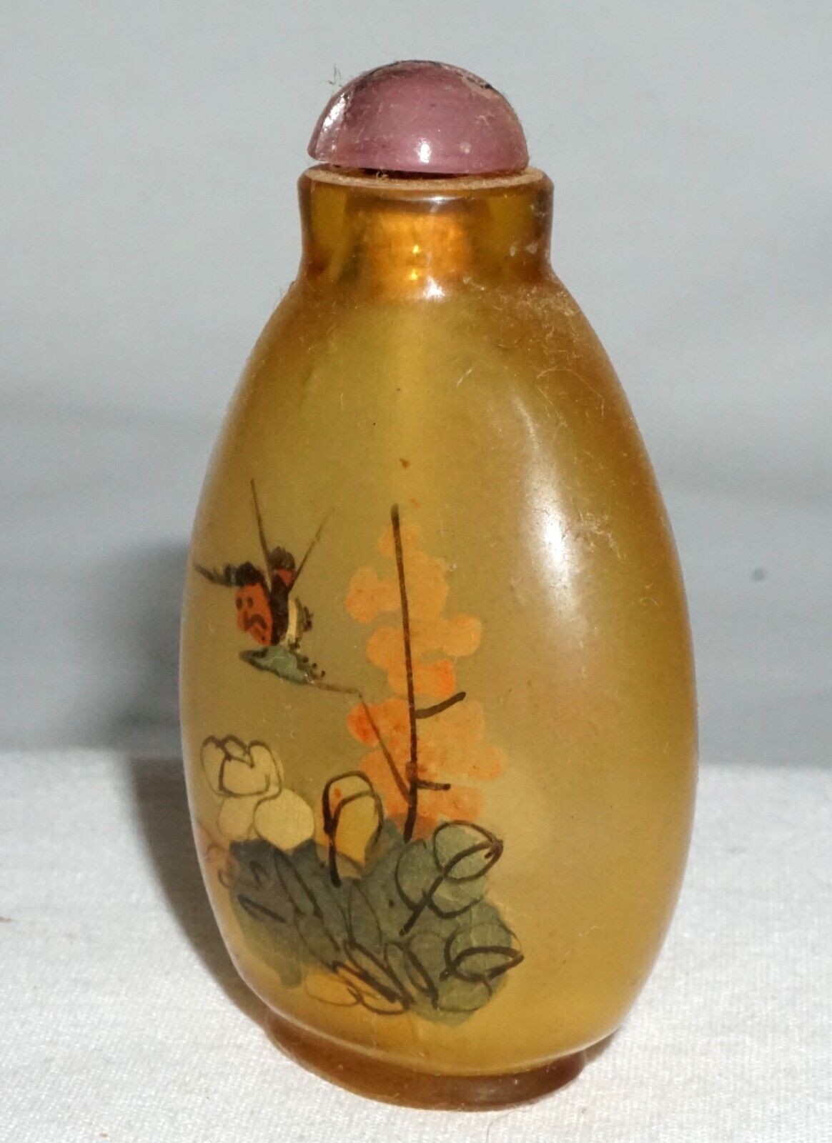 Vtg Chinese Reverse Painted Glass Snuff Bottle w Birds & Insects Motif (LLA) IC