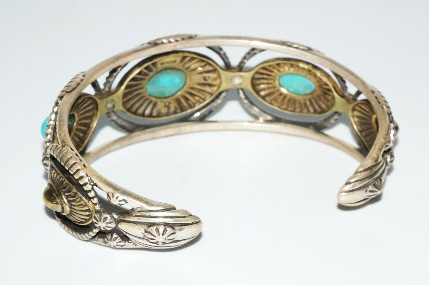 Vintage S.W. Sterling Silver & Brass Bracelet w. Turquoise by Relios (SaR)#218