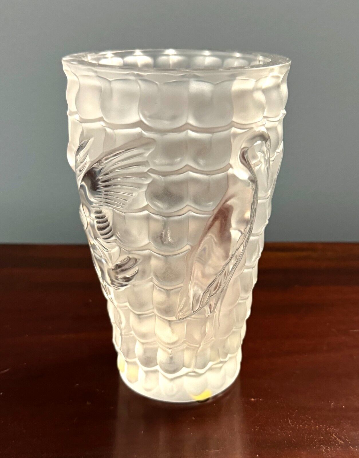 Vintage French Lalique Frosted Crane Vase With Box (InS)