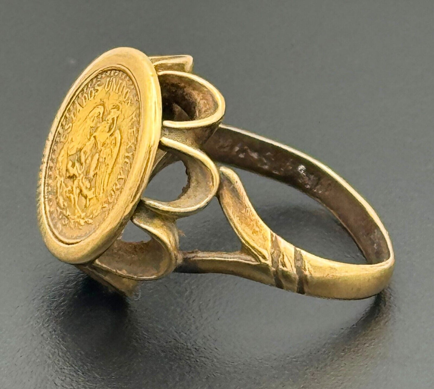 Vtg Mexican 14k Yellow Gold Ring Sz. 7 w 21k Yellow Gold Dos Pesos Coin (McC)