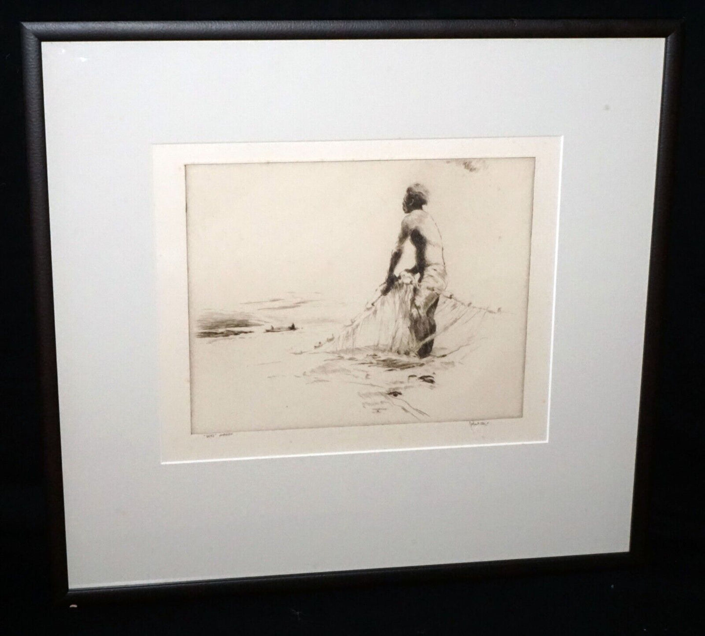 1934 Hawaii Etching Print "Huki" Net Fisherman by John M. Kelly (1879-1962) (+)