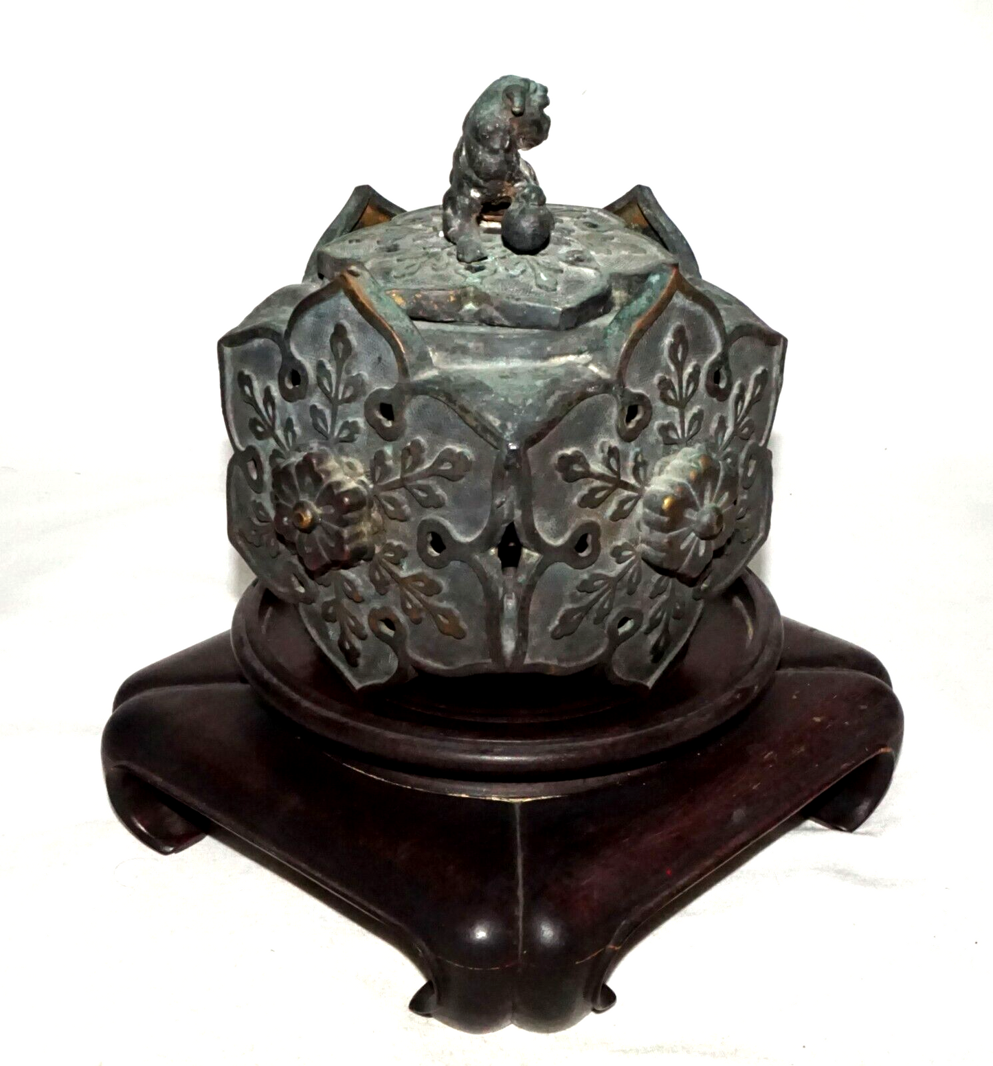 Chinese Bronze Flower Motif Incense Burner w. Foo Dog Finial on Base (WiR)