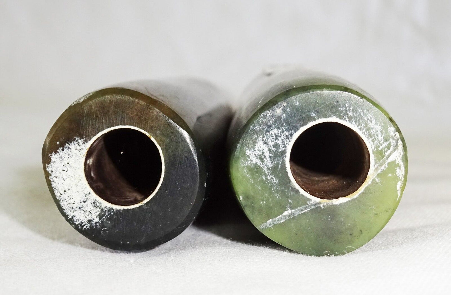 10C Pair Chinese Song Dynasty Large Green Tubular Drilled Jade Beads (Mil)